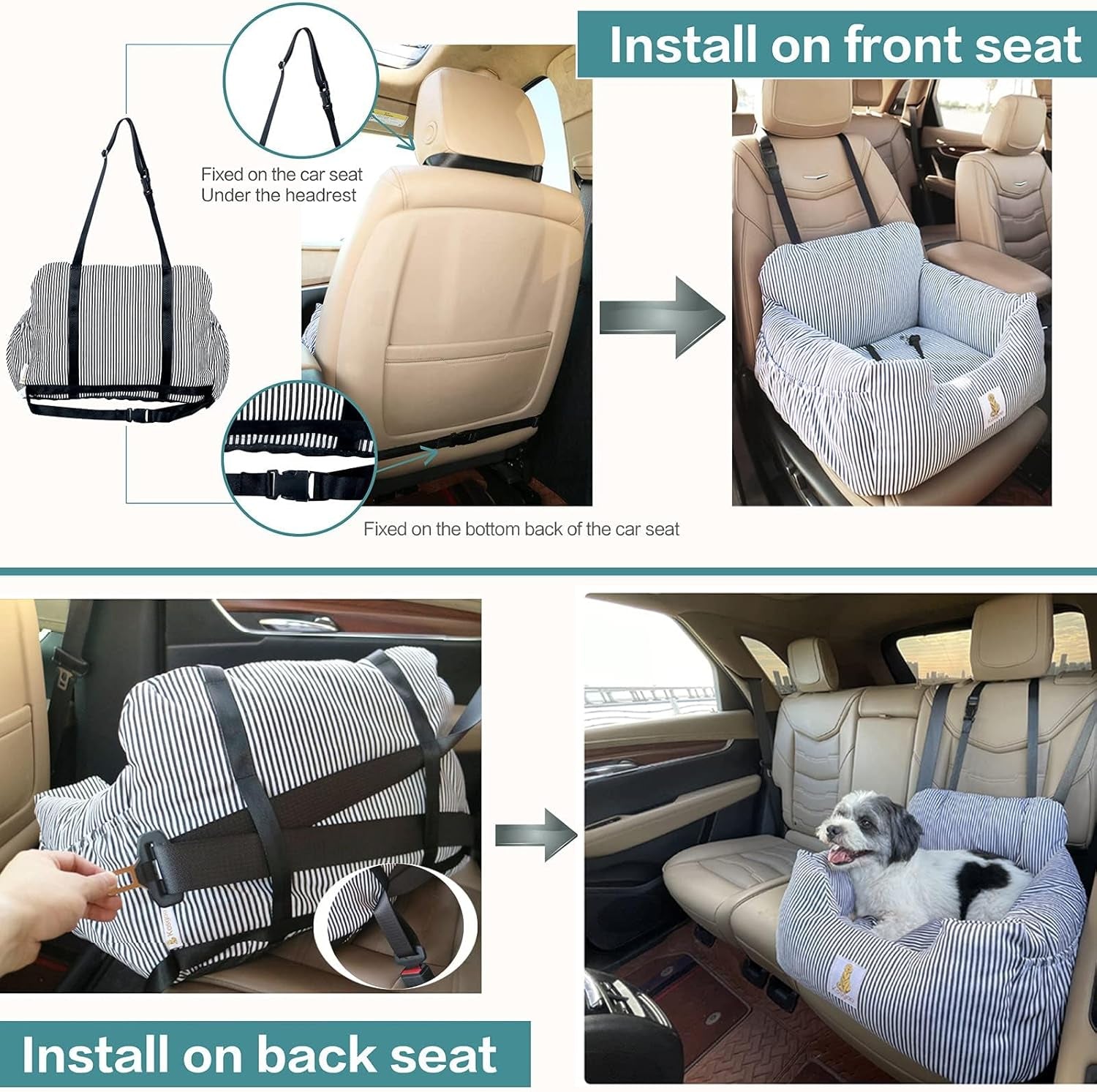 Dog Car Seat for Small Dogs,Fully Detachable and Washable Puppy Dog Booster Seats with Storage Pockets and Clip-On Safety Leash,Non-Slip Base Dog Bed Dual-Use for Car and Home (Black)